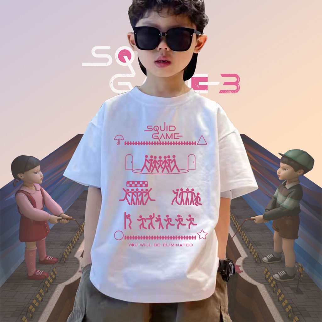 เสื้อยืดเด็กเกี่ยวกับเสื้อผ้าฝ้าย 'Squid Game 3' สำหรับเด็กสีสัน