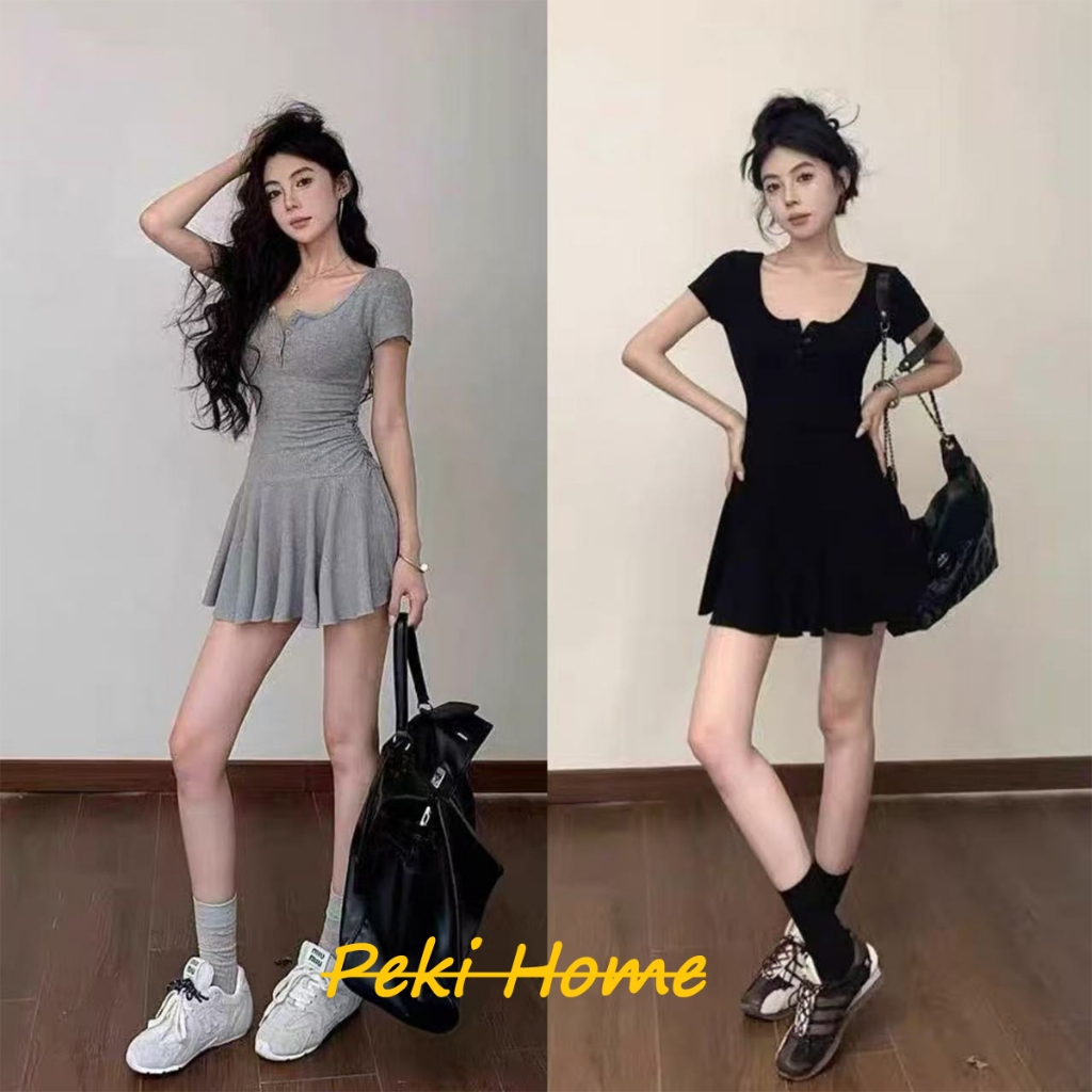 เดรสแขนสั้นสีเทา คอวีทรงเอ สไตล์สาวหวาน