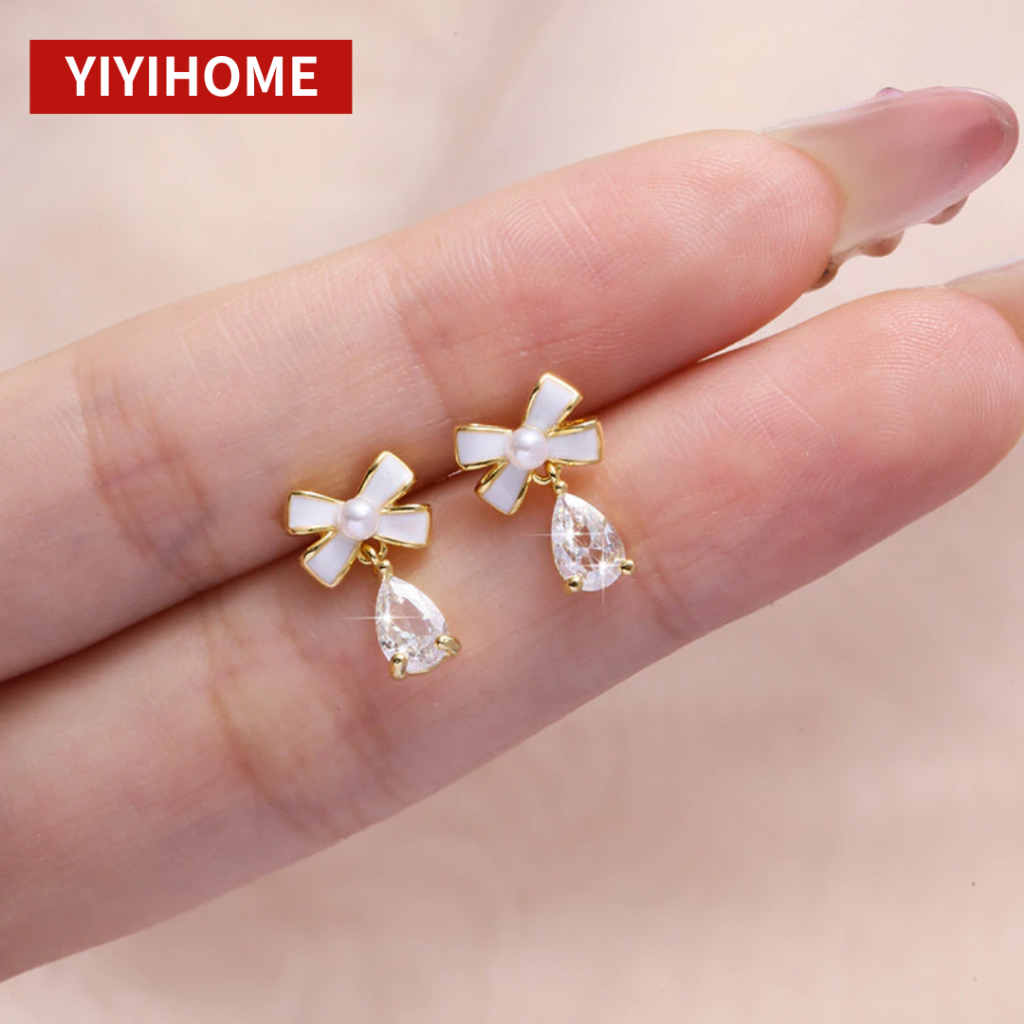 YIYIHOME ต่างหูผู้หญิง สไตล์เกาหลี มุกโบว์ เพทาย หยดน้ำ ดีไซน์หรูหรา แฟชั่นไม่แพ้ง่าย สแตนเลสไฮเอนด์