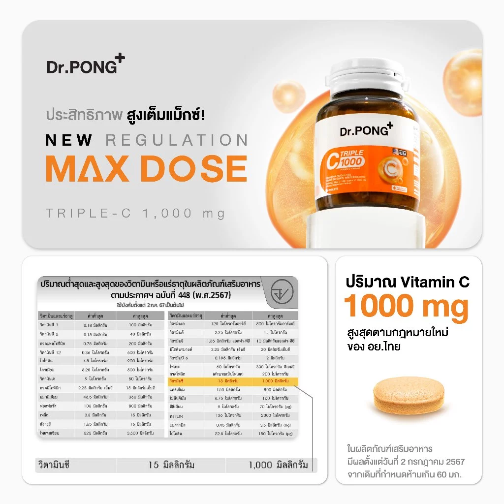 (ของแถมโปรโมชั่น 6.15 งดจำหน่าย) Dr.PONG Triple C 1000 Vitamin C 1000mg วิตามินซี 3 ชนิด ไม่ระคายเคืองกระเพาะอาหาร thumbnail 8