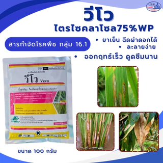 ไตรไซคลาโซล75%WP วีโว่ ขนาด100กรัม ปราบเชื้อราในนาข้าว กาบใบแห้ง ใบไหม้ ใบจุดสีน้ำตาล คอรวงแห้ง