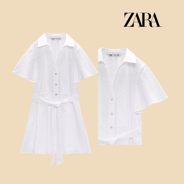 เดรสเชิ้ตสีขาวปักลายฉลุ  ZARA