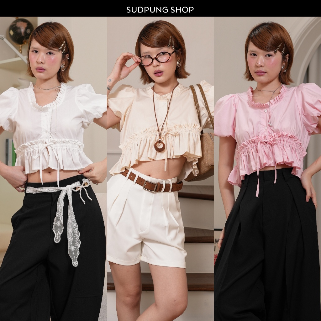 Daisy_SP090 เสื้อครอปแขนตุ๊กตา คอตตอน ทรงสวย มีระบาย กระดุมหน้า ผูกโบว์รูดเอวได้