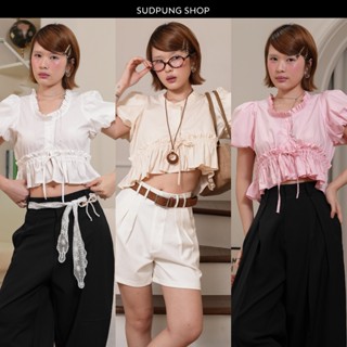 Daisy_SP090 เสื้อครอปแขนตุ๊กตา คอตตอน ทรงสวย มีระบาย กระดุมห…