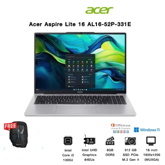 Notebook Acer Aspire Lite 16 AL16-52P-331E จอขนาด 16.0" ระดับ WUXGA IPS Intel Core i3-1305U Processo