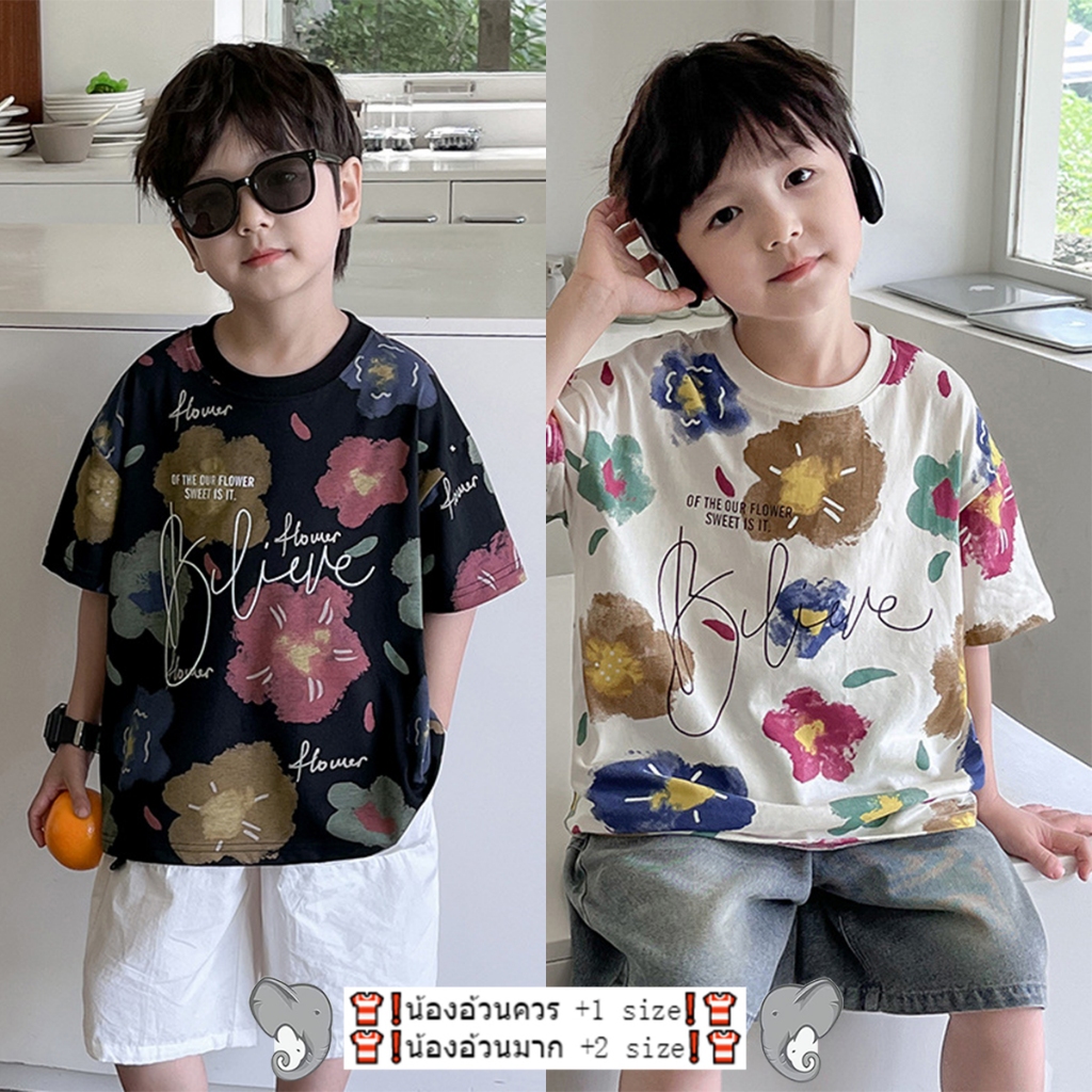 เสื้อยืดเด็ก เสื้อผ้าเด็ก แขนสั้น คอกลม พิมพ์ลายดอกไม้ แฟชั่นฤดูร้อน เหมาะกับเด็ก1-14ขวบ