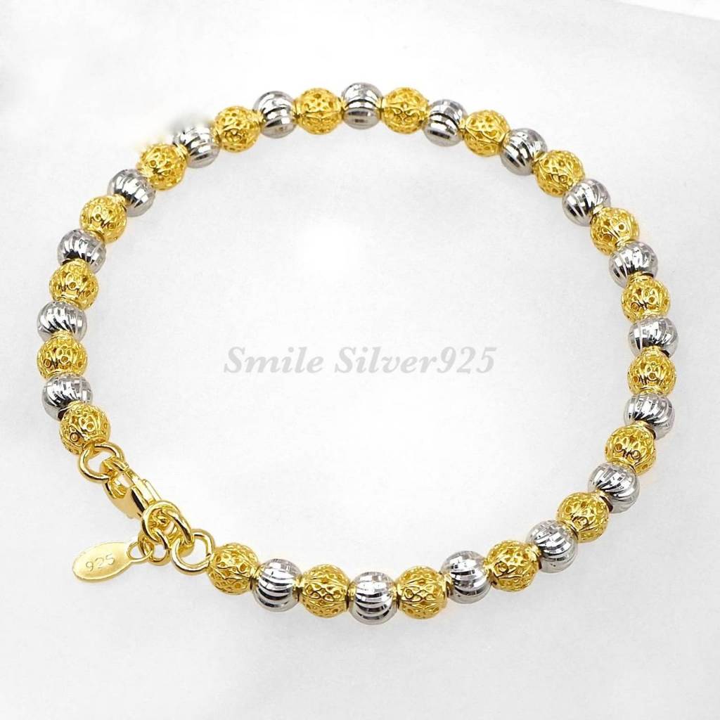 กำไลเงินแท้92.5% ชุบ2 กษัตริย์ ลายฉลุสลับBall Moon ขนาด 5 mm.