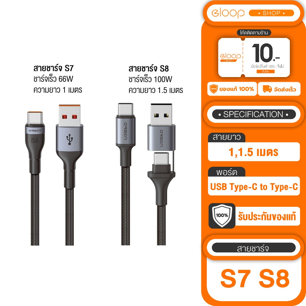 [เก็บโค้ด ลดเพิ่ม] Eloop S8 สายชาร์จเร็ว 2 in 1 PD 100W USB C to C / Eloop S7 สายชาร์จ Type C 5A
