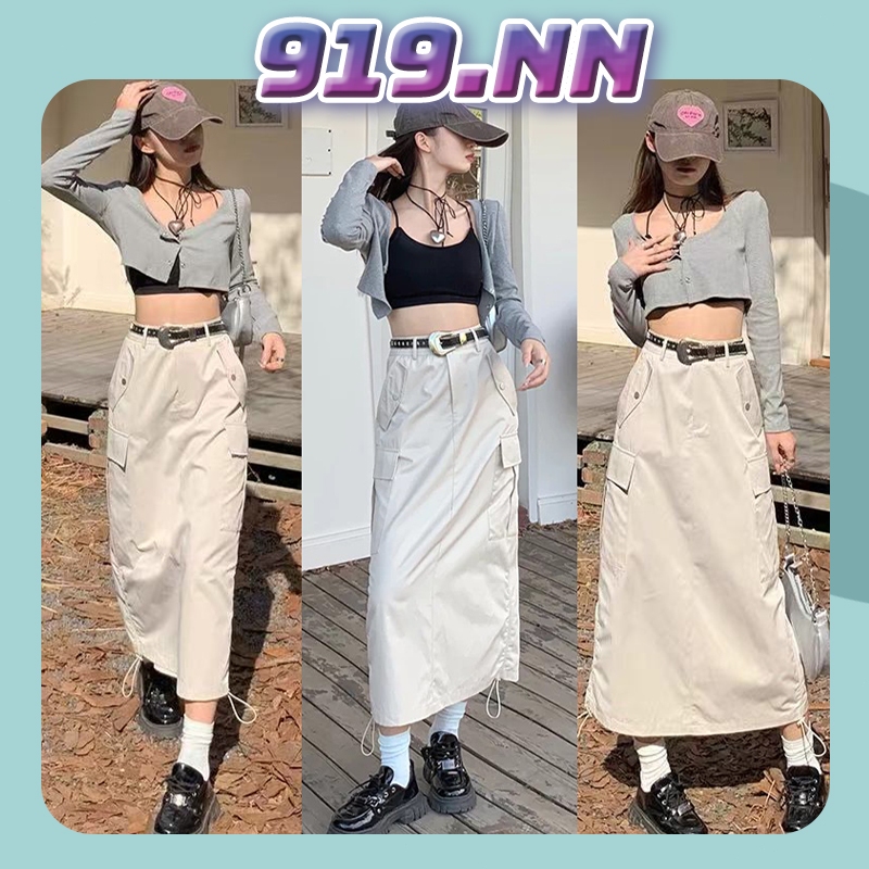 🔥919nn🔥กระโปรงยาวกระโปรง เอวสูง ครึ่งกระโปรงกลางความยาวครึ่งกระโปรง