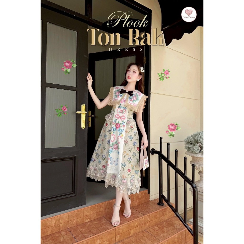 (มี3XL) Plook Ton Rak Dress เดรสผ้าทอวินเทจ ปกกะลาสีพิมพ์ลาย ตัดต่อลาย แต่งลูกไม้ปักฉลุ ทรงสวย ซิปหลัง มีซับใน