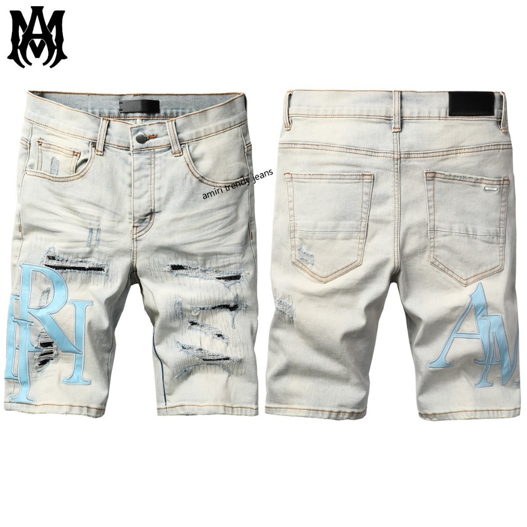 Amiri กางเกงขาสั้นยีนส์ขาดสีอ่อนสำหรับผู้ชาย กางเกงขาสั้นแฟชั่นย้อนยุคระบายอากาศ