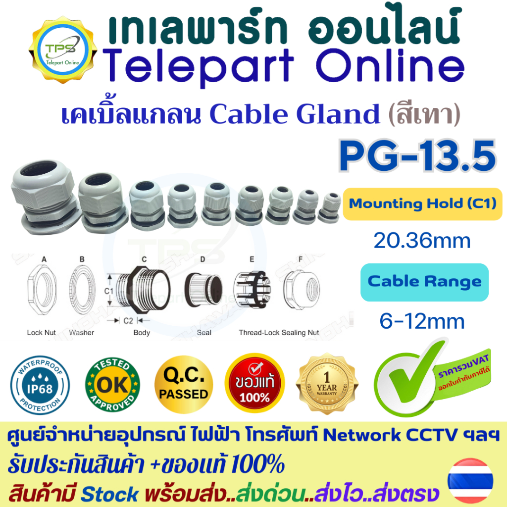 เคเบิ้ลแกลนPG13.5 สีเทา กันน้ำ IP68 กันฝุ่น Cable Gland ข้อต่อร้อยสายไฟเข้ากล่องควบคุม ตู้ไฟ เกรดไนล่อน PA66 ทนอุณหภูมิ