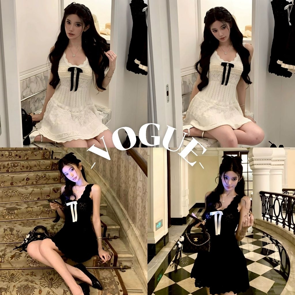 Vogue🌟พร้อมส่ง🌟 ชุดมินิเดรส ผ้าไหมพรม แขนกุด ทรงรัปรูปแต่งโบว์ (W-N096-1)