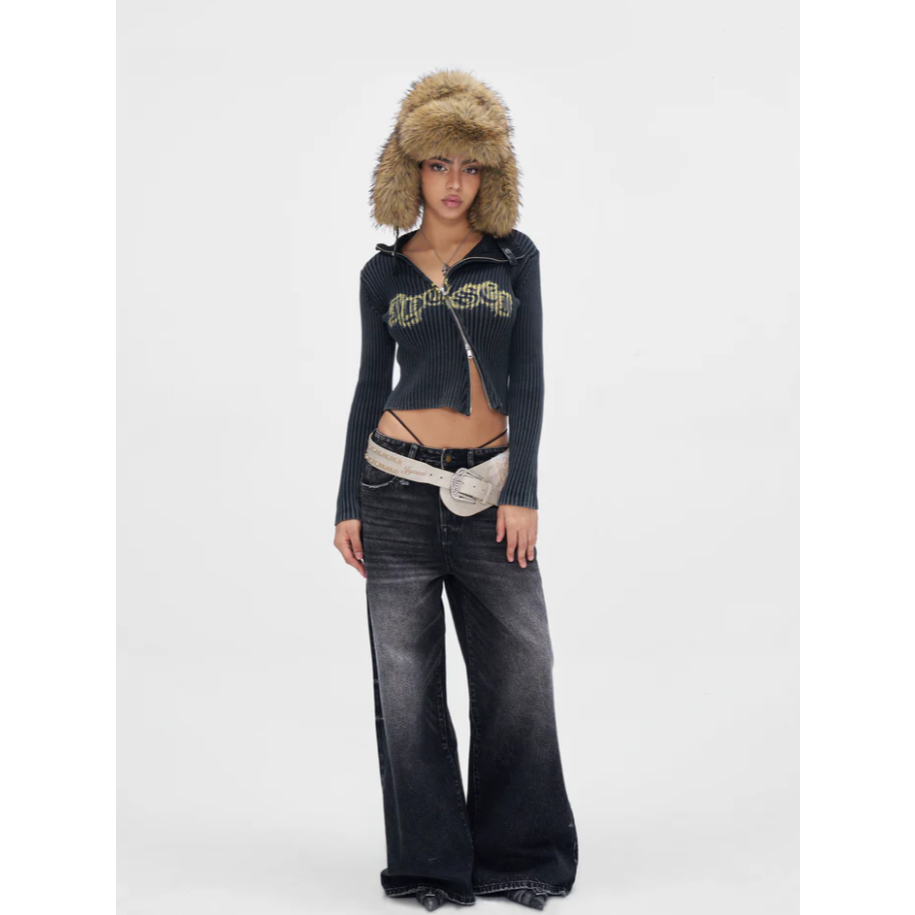 Asym Logo Knit Zip-Up – Noir - Jyosei