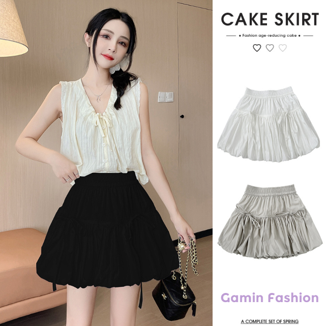 Gamin-XC170 🍒กระโปรงสั้นทรงพองๆ เอวสม๊อคเเต่งโบว์ มีกางเกงซักใน กระโปรงบอลลูนสุดฮิต งานสวย ใส่เที่ยวทะเล คาเฟ่
