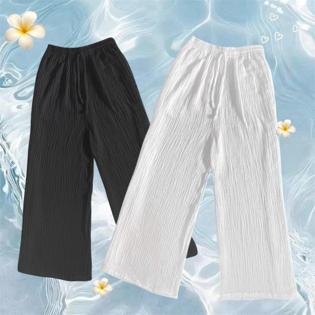 กางเกงขายาว ผ้าสาลูอัดย่น2ชั้น สีขาว ผ้าใส่สบาย ใส่คลุมบิกินี่สุดแซ่บ👙