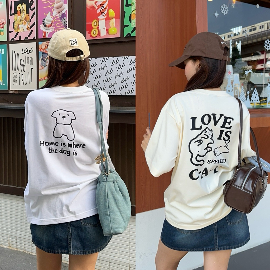 myyoungs - Lovely Cat vs Dog เสื้อยืดโอเวอร์ไซส์