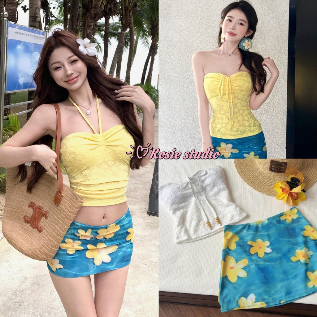 ROSIEพร้อมส่ง🏖️✨ชุดชายหาด ชุด2ชิ้น ชุดสาวแฟชั่นY2K คุณหนู เสื้อเกาะอกผูกคอ+กระโปรงสั้นลายดอกไม้ ชุดไปทะเล สไตล์เวียดน