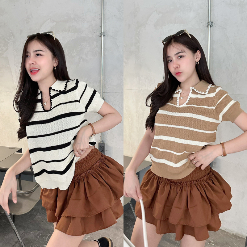 🌈SpinnyHouse🌈เสื้อยืดโปโล ทรงโปโลคอวีแขนสั้น งานผ้าไหมพรมทอลายสลับสี เนื้อผ้านุ่มยืดเยอะมาก สาวอวบใส่ได้ รุ่น ฟีเจอร์