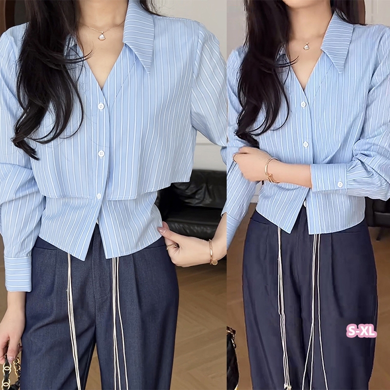 Grace_chili เสื้อเชิ้ตลายทางผู้หญิง สีน้ำเงิน แขนยาว คอวี สั้น ผูกด้านหลังให้พอดีตัว เสื้อปลอมสองชิ้น W620