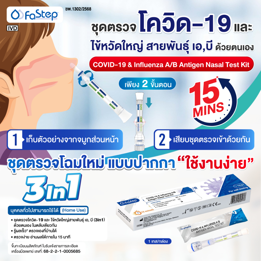 ATK ชุดตรวจโควิด-19 และไข้หวัดใหญ่สายพันธุ์ เอ,บี แบบปากกา ด้วยตนเอง