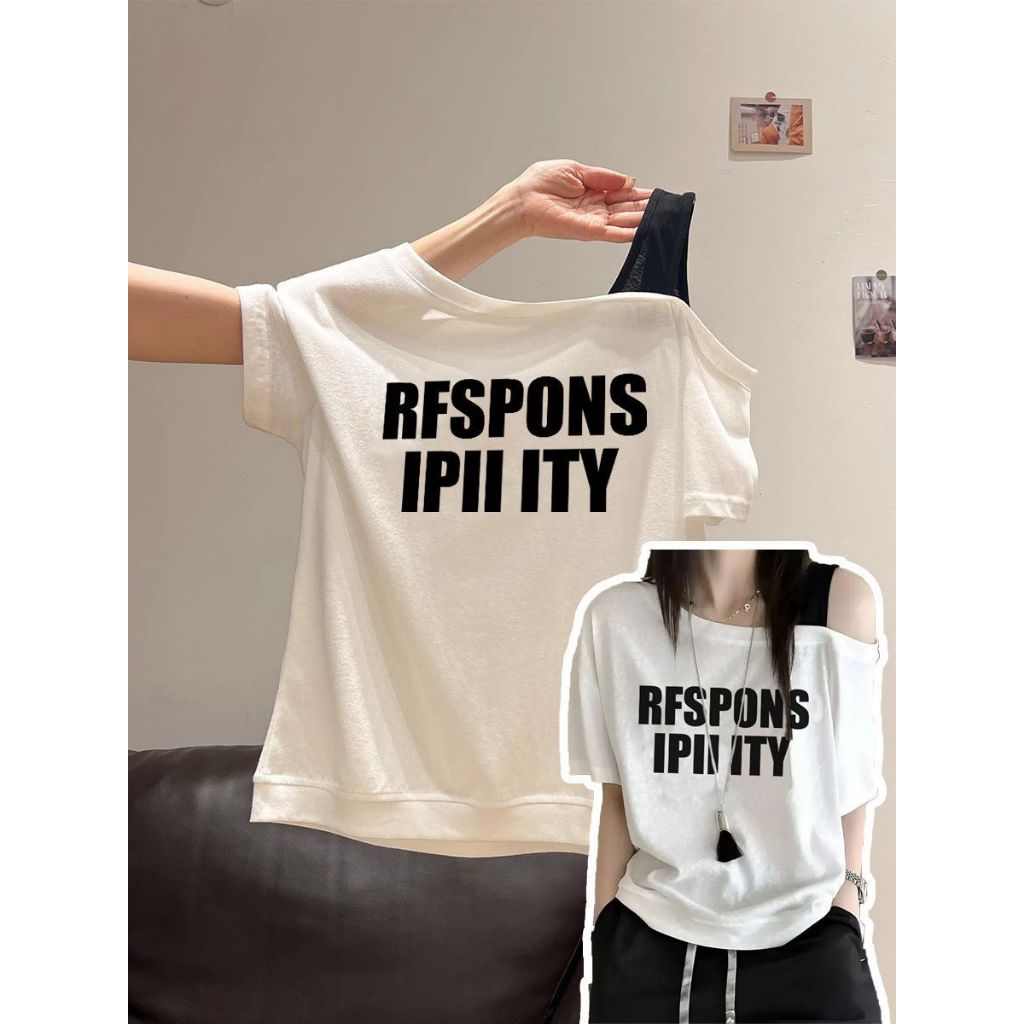 เสื้อปาดไหล่แฟชั่นสตรีสไตล์วินเทจแขนสั้นสีเทาเนื้อผ้าโปร่ง รูปที่ 7