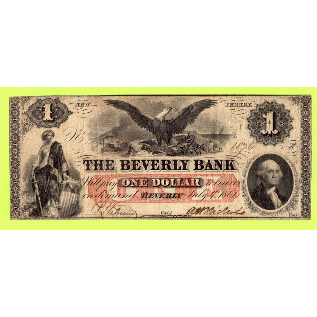 One Dollar The Beverly Bank-New Jersey Note Civil War Era 1861 #Rare