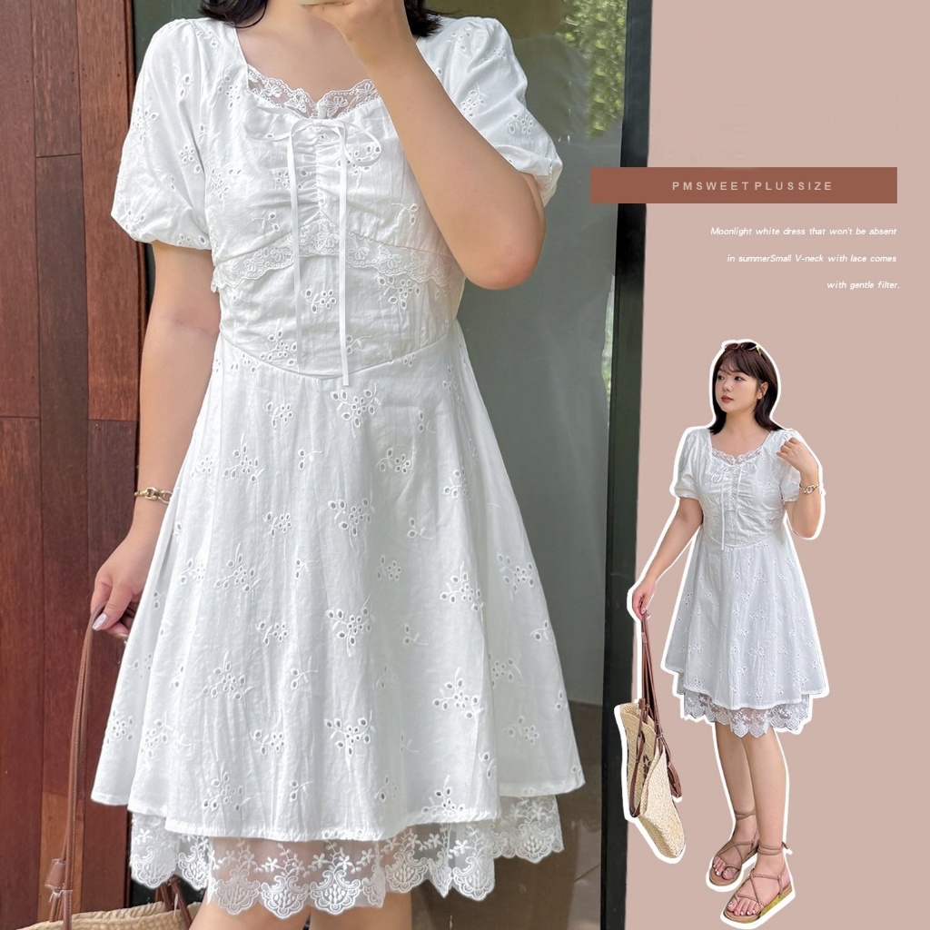 [ 🔥อกถึง 50" ] : PMP2424 : พรีออเดอร์ ชุดเดรสสั้นสีขาวผ้าลูกไม้ไซส์ใหญ่ แขนสั้นคอเหลี่ยม ใส่สบาย