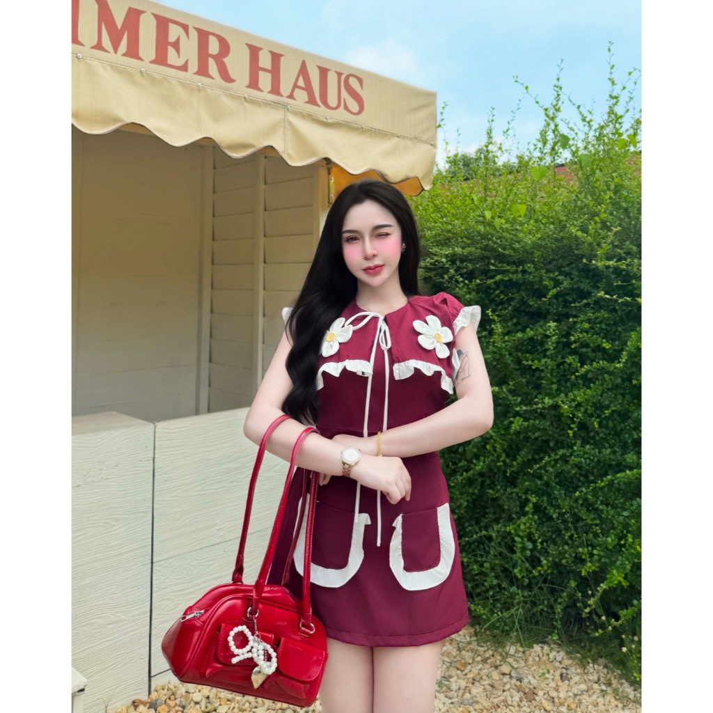 ชุดเซท/เสื้อคอปกทหารดอกไม้+กระโปรงกางเกง/กระเป๋าระบาย่J34(ผ้าซาร่า)