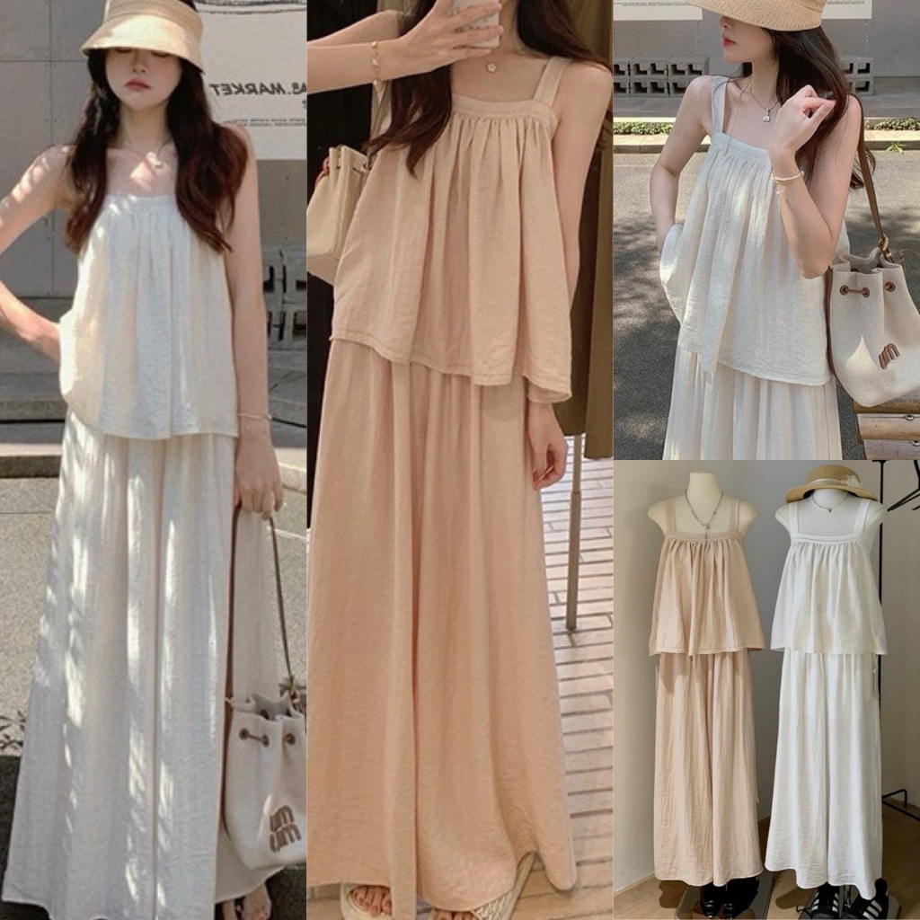 🧡🧵 🇰🇷 W6297 ชดเซ็ท 2 ชิ้น เสื้อสายเดี่ยว แต่งเชือกมัดโบว์ใหญ่ด้านหลัง  + มาพร้อมกางเกงขายาว ผ้าแฟชั่นเกาหลี TAG WG.WE 🧵🧡