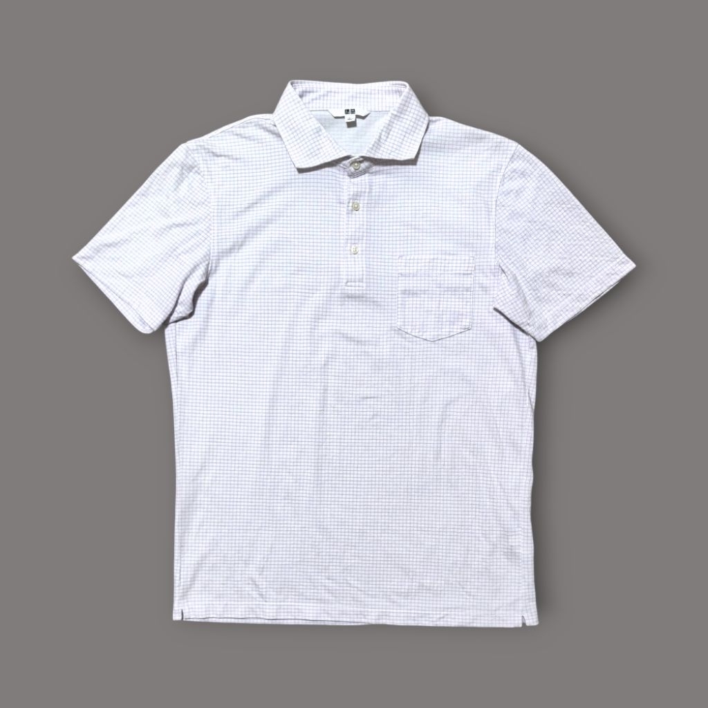 uniqlo เสื้อโปโล ชาย ไซส์ L ลายตาราง สีขาว-ชมพพู มือสอง