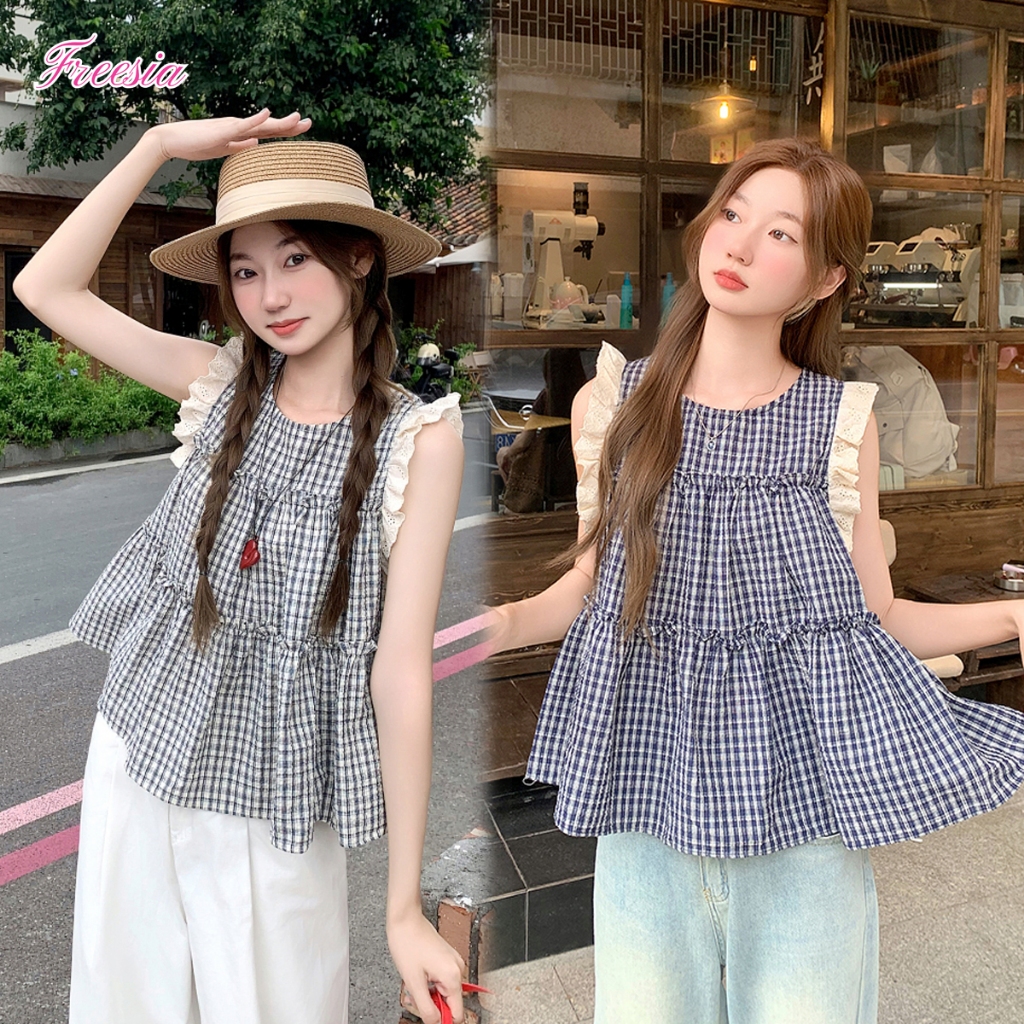 เสื้อแขนกุดลายสก๊อตขอบลูกไม้ สไตล์เกาหลี แมทช์ง่าย ใส่สบาย มีสไตล์