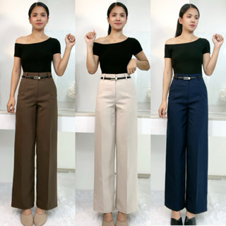 กางเกงทำงานทรงขากระบอกกลาง มีหูใส่เข็มขัด ตะขอหน้า เอวสูง ผ้…