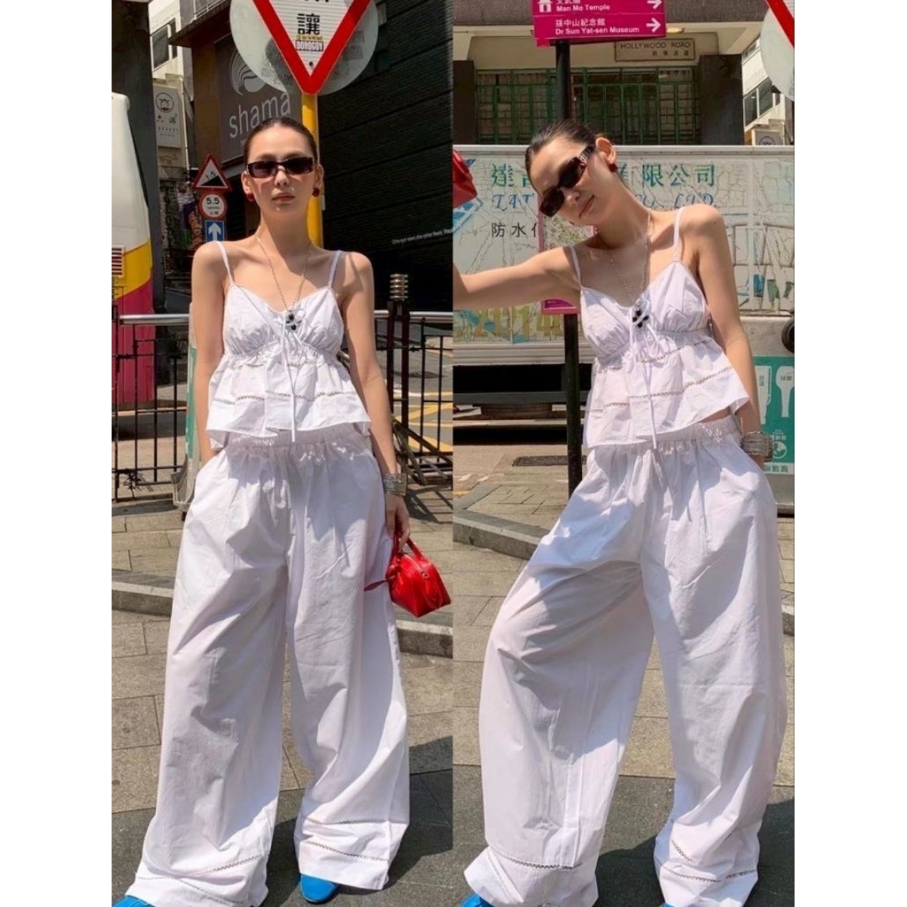 newshop set 2 ชิ้น เนื้อผ้าลินิน มีซับใน กระเป๋า 2 ข้าง สายปรับได้แฟชั่น