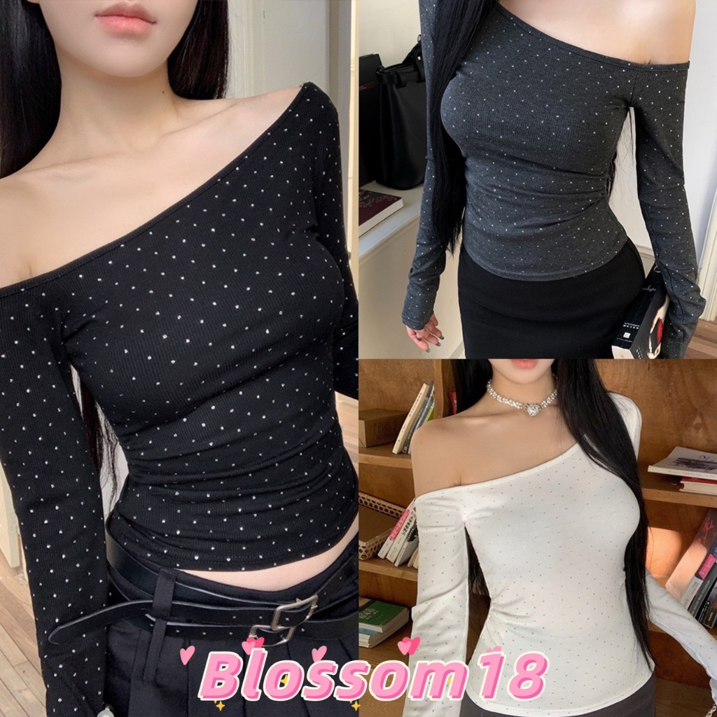 พร้อมส่ง 🤍 เสื้อปาดไหล่ แขนยาวคุมข้อมือ งานติดเพชร ชิลๆแซ่บๆ ใส่ได้ทุกวัน