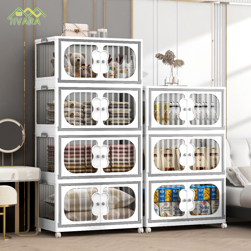 JIVARA ตู้อเนกประสงค์ ตู้เก็บของพับได้ 3-5 ชั้น | ล้อหมุน 360°+ประตูแม่เหล็ก | ตู้เก็บของขนาดใหญ่ | 