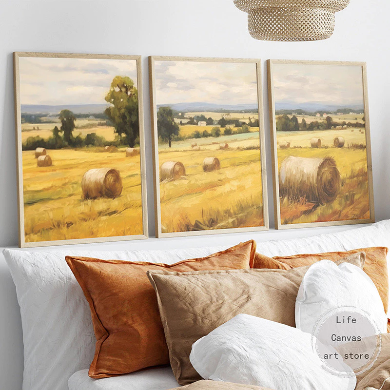 (พร้อมส่งจากไทย ภาพรวมกรอบ)ภาพวาดสีน้ำมัน กองฟาง ชนบท สไตล์คันทรี Vintage Hay Bales ตกแต่งบ้าน ห้องนั่งเล่น