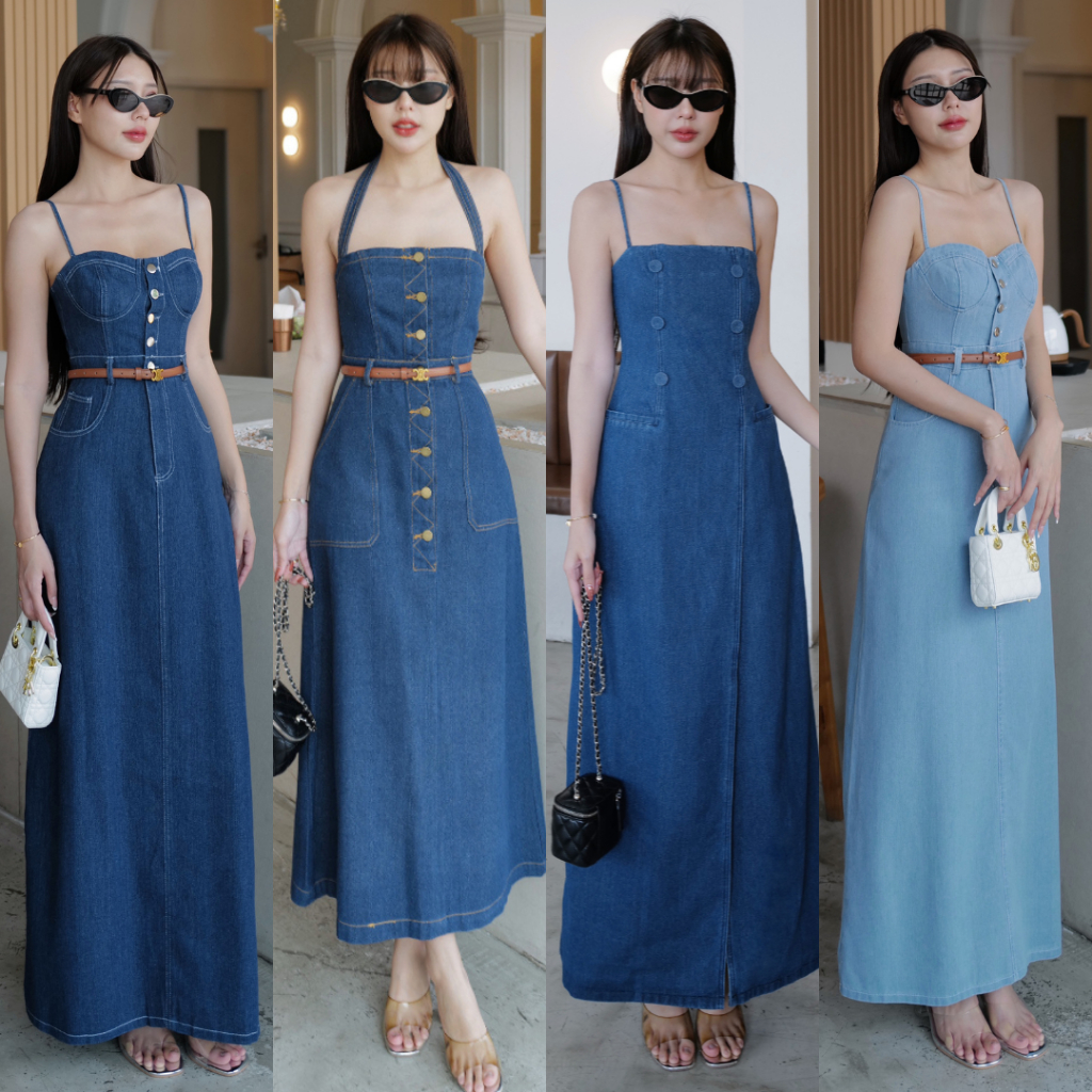 INTUON JEANS  #4721(INT1K)​ #4765 #4779 (INTUON) เดรสคล้องคอ เดรสสายเดี่ยว เดรสยีนส์แท้ไม่ยืด กระดุมหน้า T-SHIRTNISTA