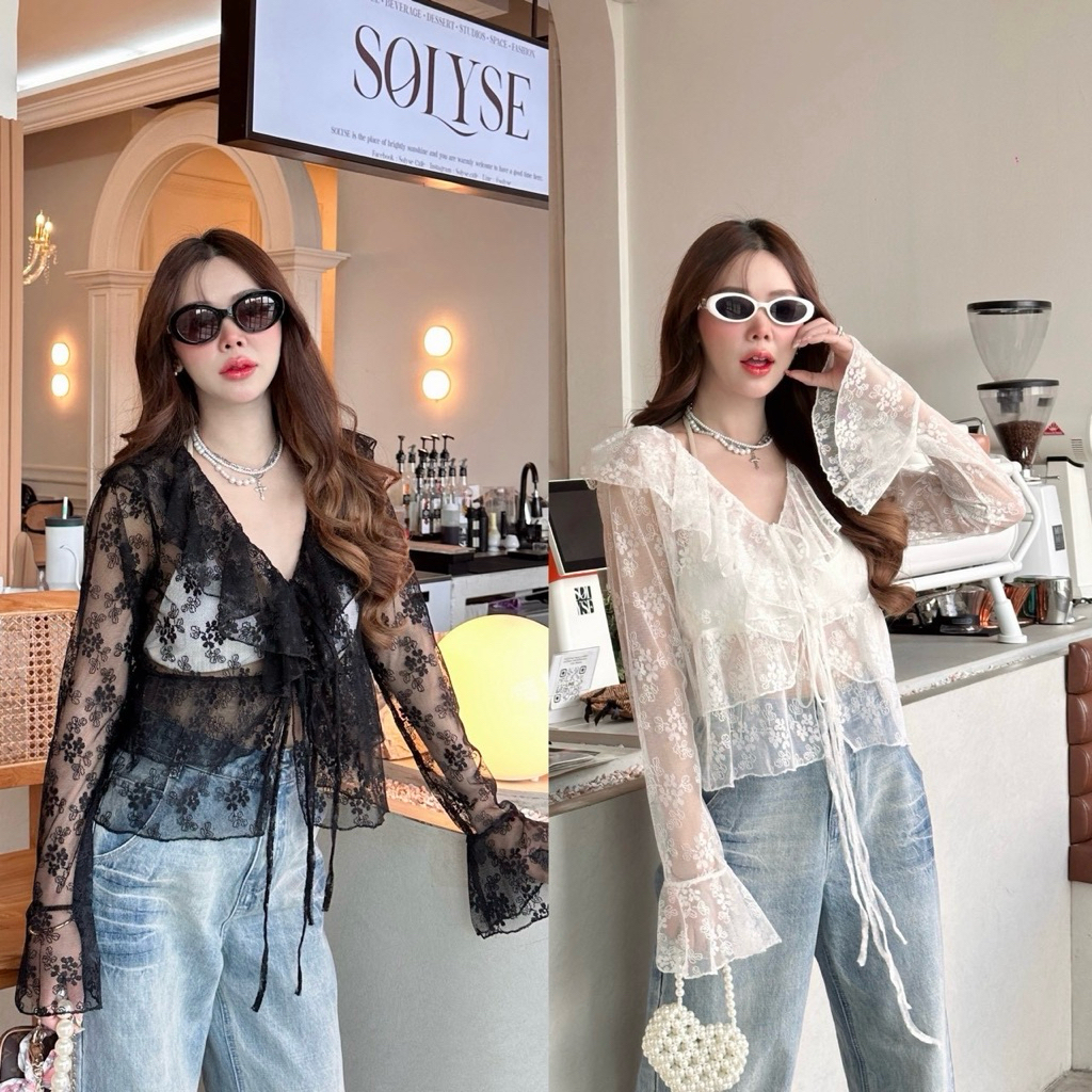 Bershka lace top : เสื้อลูกไม้ระบายทรงสวย แขนยาว