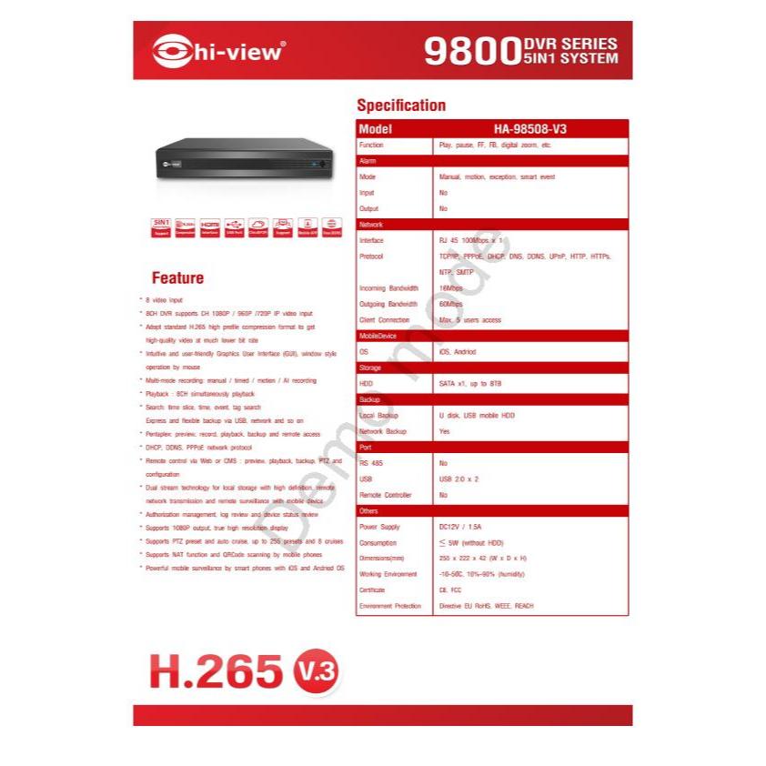 HA-98508-V3DVRเครื่องบันทึกภาพ8กล้องHiviewระบบAHD