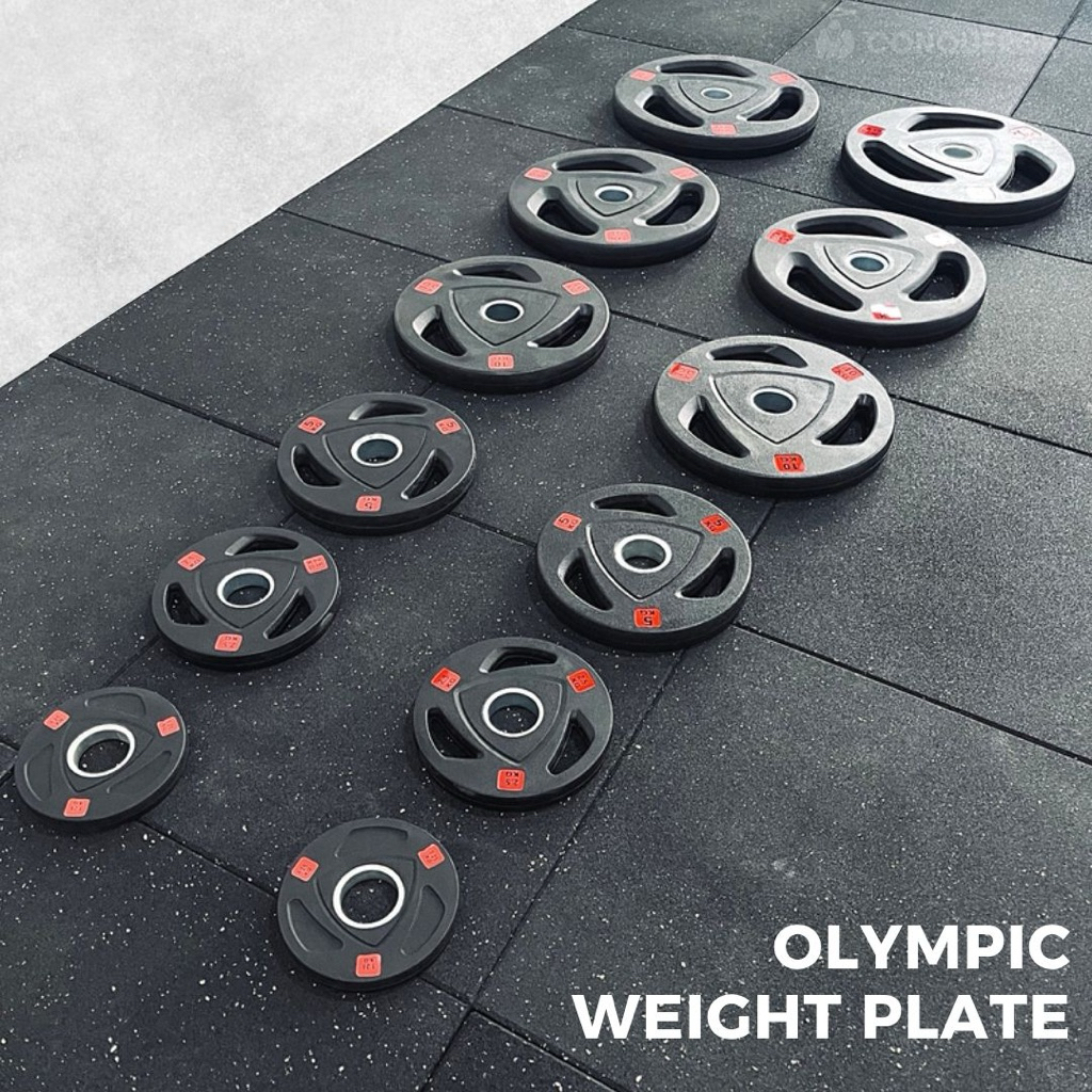 (1 ชิ้น) แผ่นน้ำหนัก หุ้มยาง Olympic Weight Plates 1.25, 2.5, 5, 10, 15, 20 kg ขนาดรู 2 นิ้ว (50 mm)