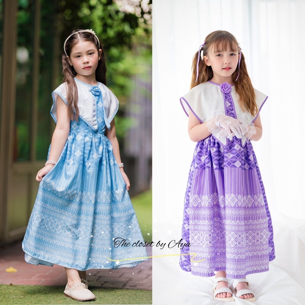 เดรสไทยเด็กผู้หญิง(รุ่นเดรสยาวปกขาวแต่งดอกที่อก)