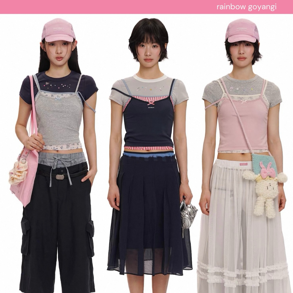 พร้อมส่ง | MOROMORO Fake Three-Piece Bow Rhinestones Short Tee 🎀🐶 เสื้อเลเยอร์