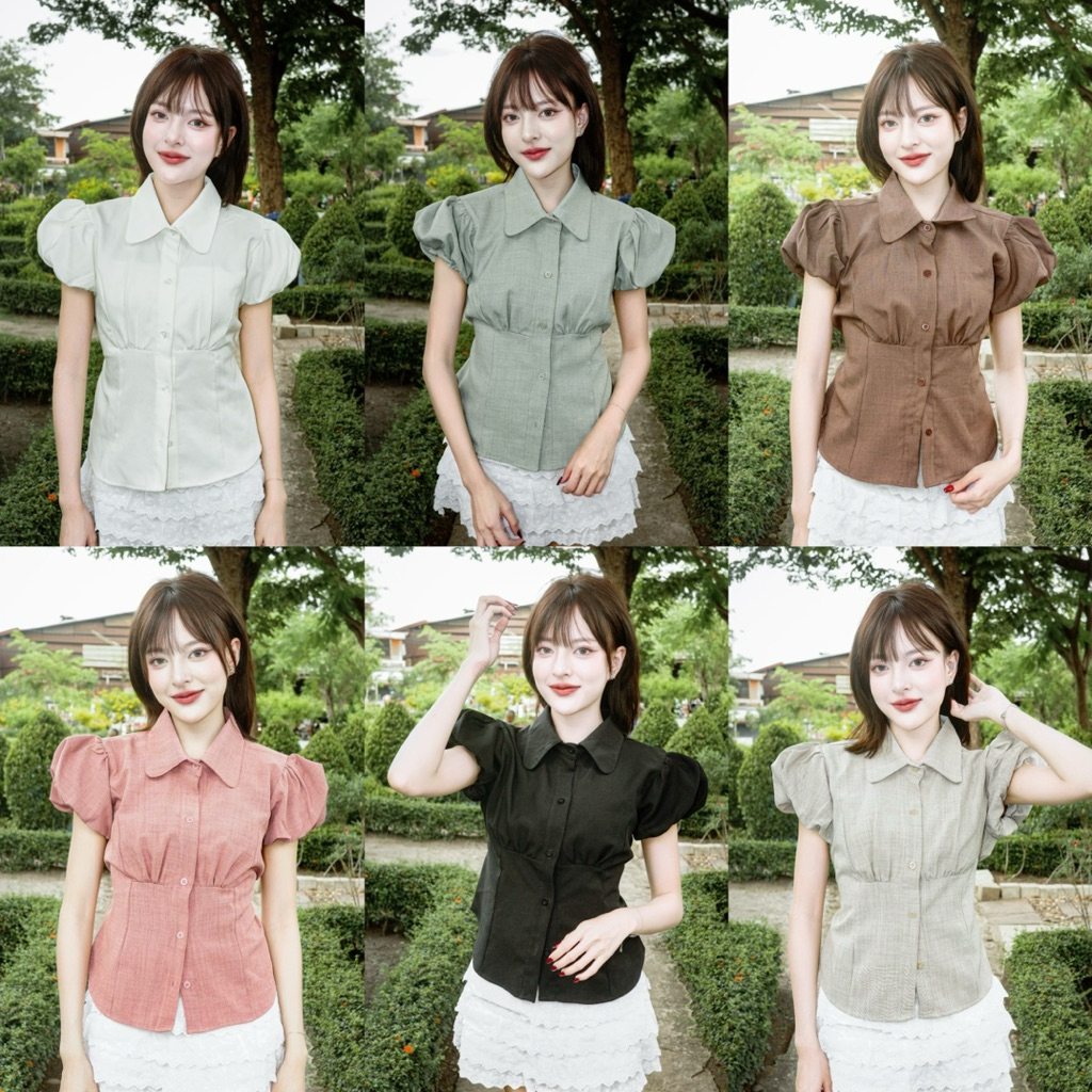 Mariss.bkk - เสื้อเชิ้ตคอปก แขนฟักทอง ผ้าสโนว์ ด้านหลังมีสายปรับเข้ารูป M11