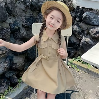 2-9 ปี ชุดเดรสเด็กงานยีนส์ แฟชั่น เด็กสาวโปโลปกแขนกุดชุดผ้าฝ…