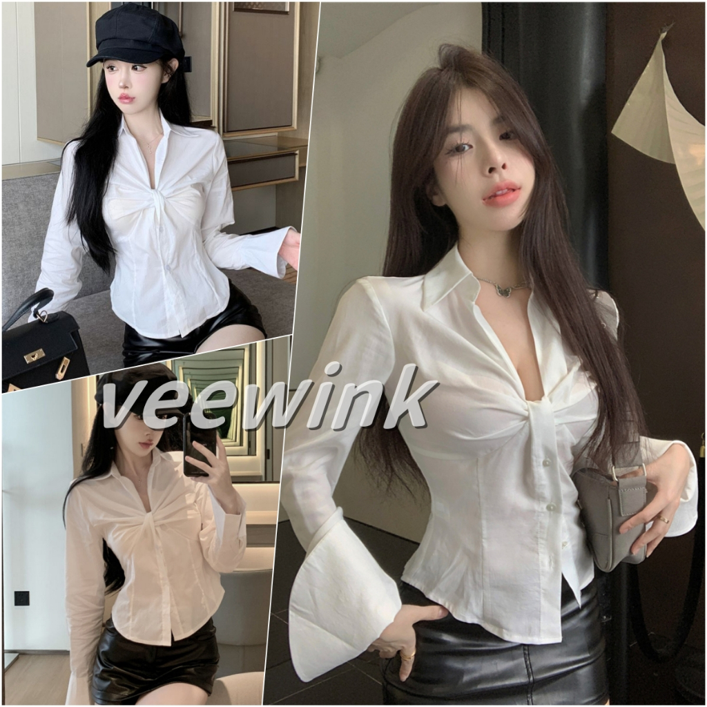 Veewink พร้อมส่งจากกทม เสื้อเชิ้ตสาวสวยคอวี ผูกปมสไตล์ฝรั่งเศส แขนยาวย้วย ชิคๆ ใส่ปิดเอว ใส่สบายไม่ร้อน