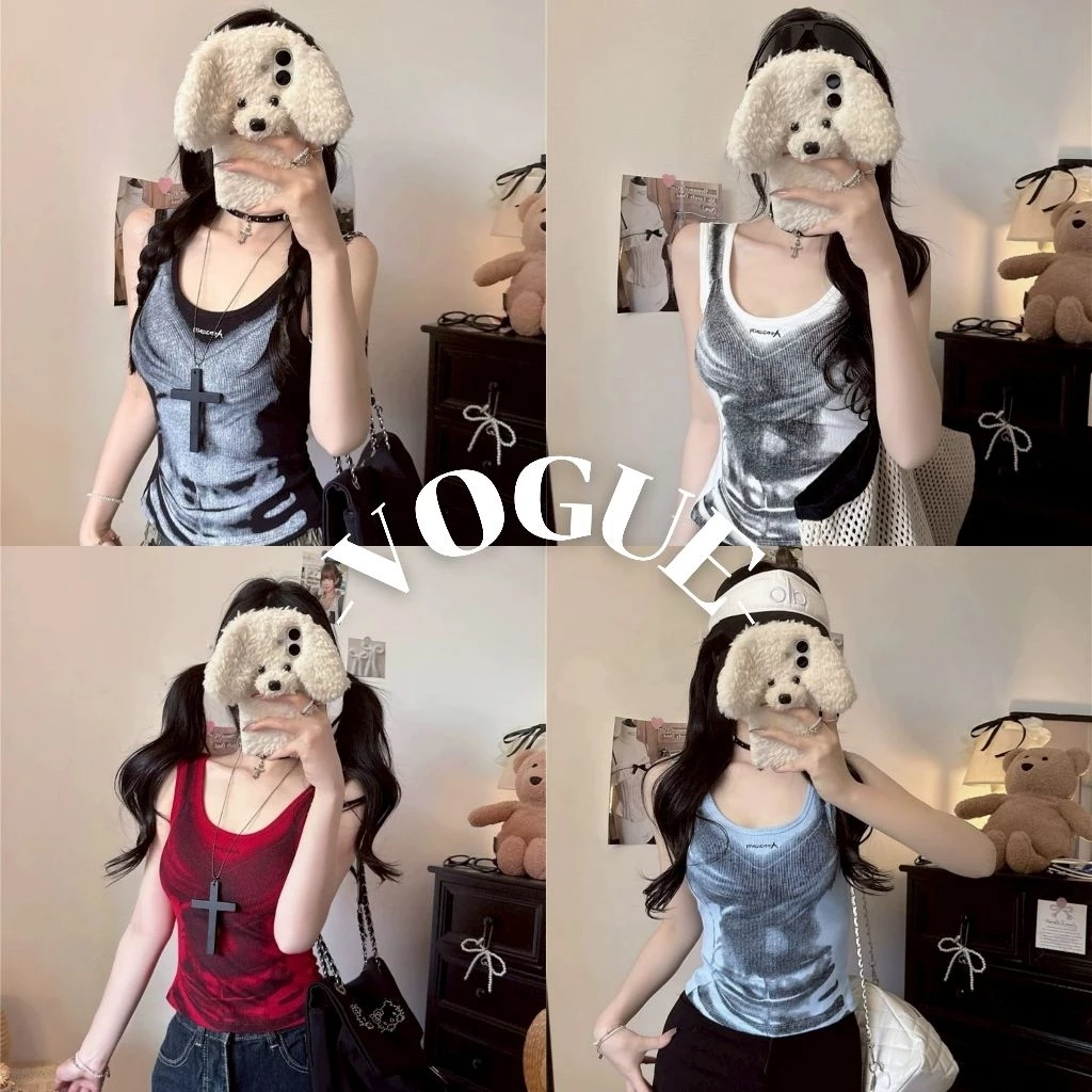 Vogue🌟พร้อมส่ง🌟 เสื้อกล้าม ดีเทลลายเก๋ เสริมฟองน้ำ สีชัดสด ทรงรัดรูป (FY6996)