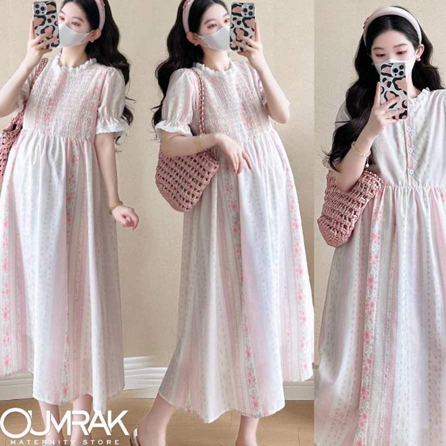 AA4525 เดรสคลุมท้องผ้าคอตตอนพิมพ์ลาย สวยละมุน ใส่กลับได้ทั้งสองด้าน (งานแฟชั่น)