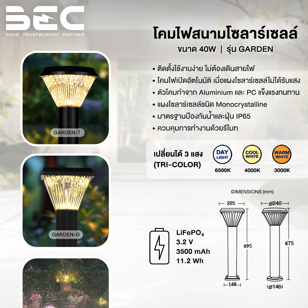 ฺ1 แถม 1 BEC โคมไฟสนาม LED โซล่าเซลล์ รุ่น GARDEN ขนาด 40W เปลี่ยนแสงได้ ราคา ถูกที่สุด ดีลบีเคเค รูปภาพหลัก