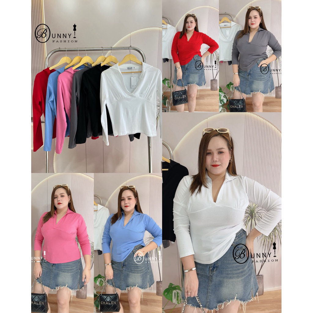 A184 BunnyFashion เสื้อคอปกแต่งย่นอก มี 2 ขนาดไซส์ ผ้า CT Spring